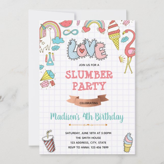 Doodle slumber party birthday invitation (Front)