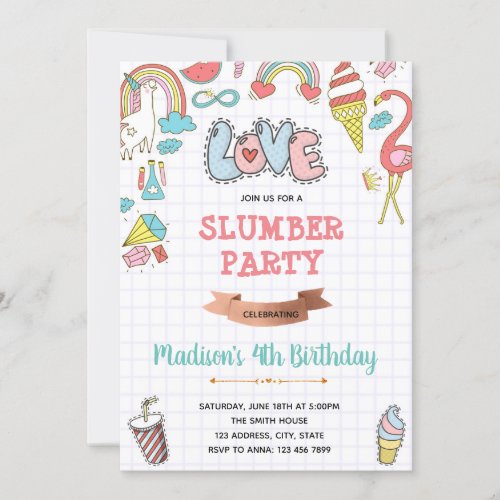 Doodle slumber party birthday invitation