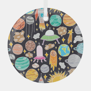 Doodle Space: Hand-Drawn Vintage Cosmos. Glass Ornament