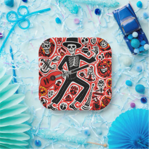 💀 Doodle style musician skeleton Día de Muertos Paper Plates