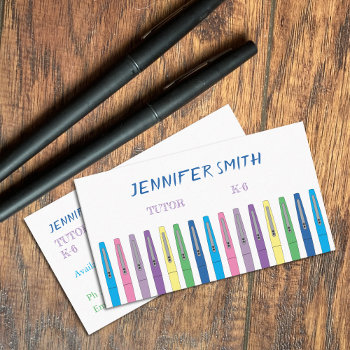 Doodle Teacher Pens Tutor White Business Cards by ArianeC at Zazzle