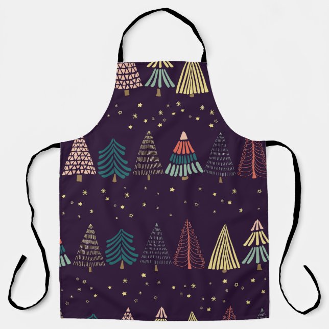 Doodle trees, stars, dark blue. apron (Front)