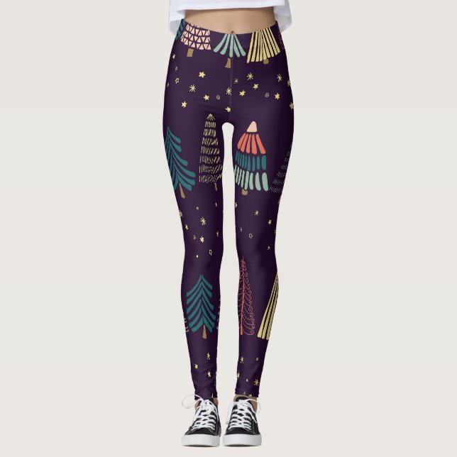 Doodle trees, stars, dark blue. leggings (Front)