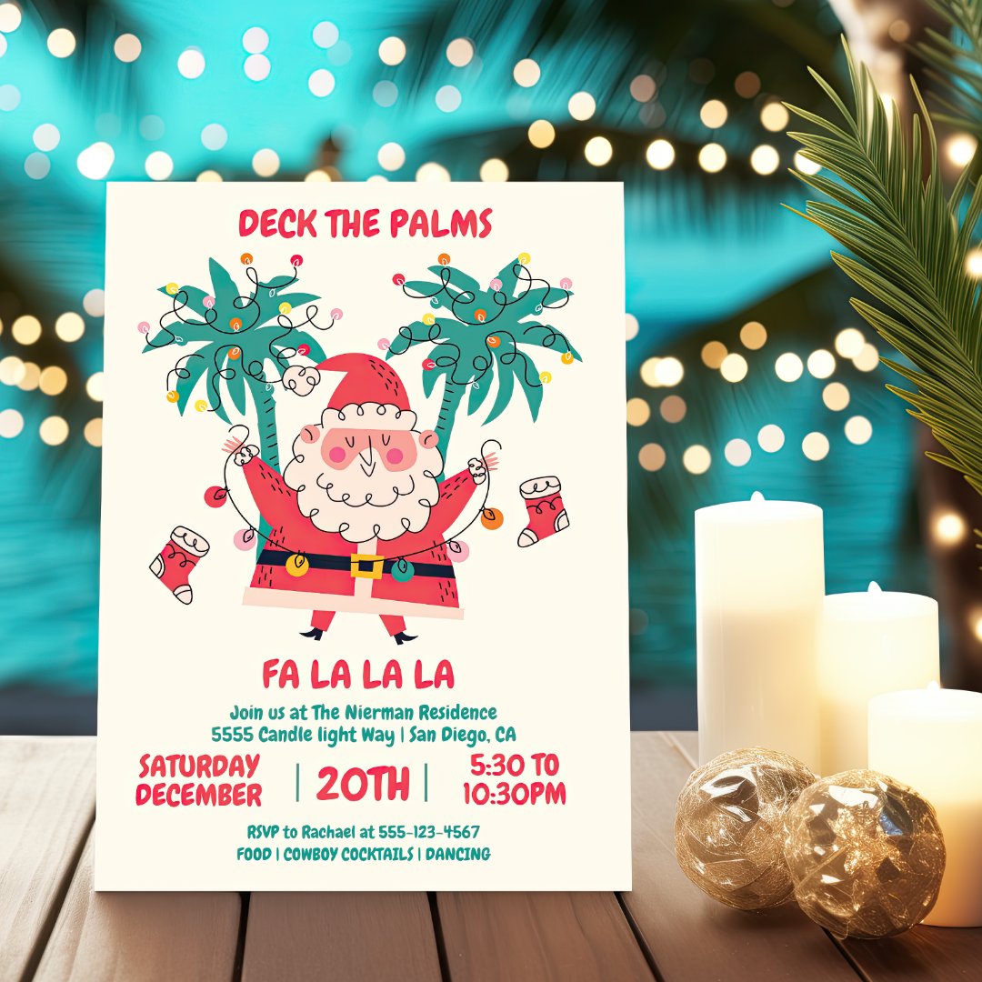 Doodle Tropical Santa Deck the Palms Christmas Invitation            (Creator Uploaded)