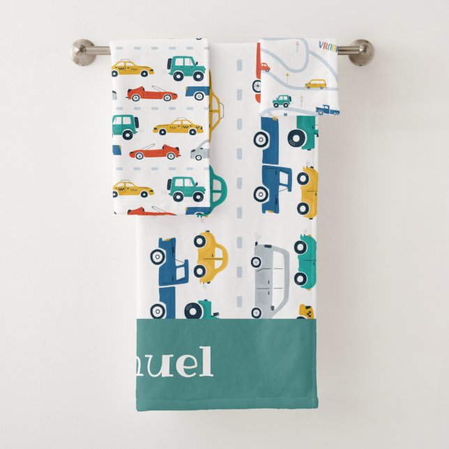 Doodle Vehicles Kids Personalized Name Towel Set (Insitu)