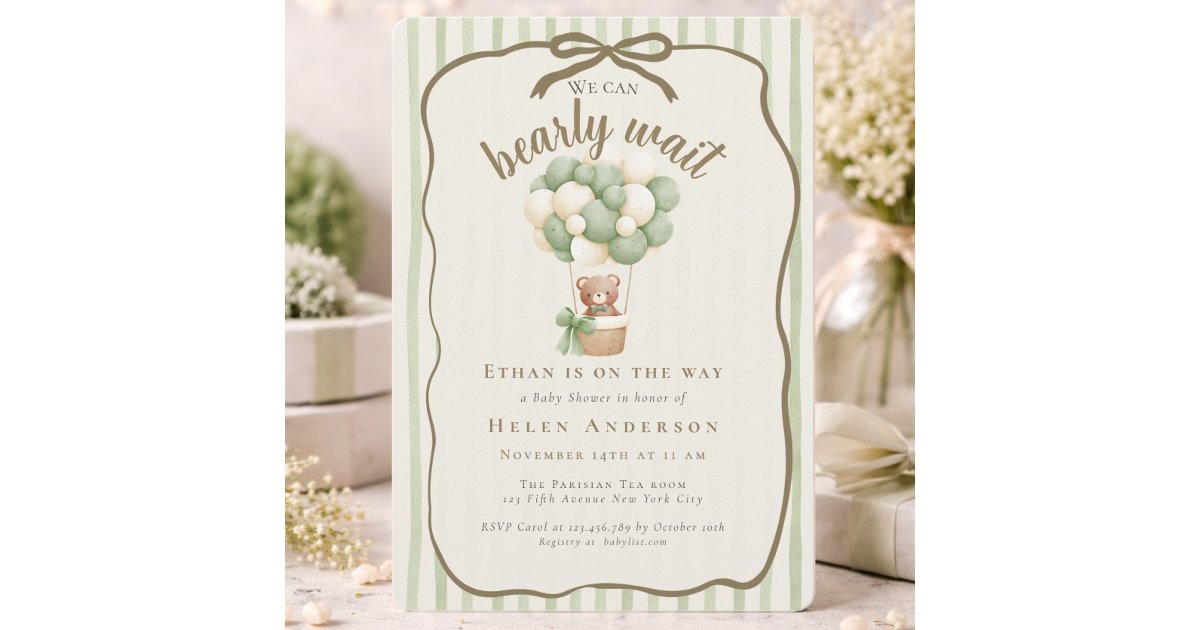 Doodle We can Bearly Wait Teddy Sage green Baby Invitation | Zazzle