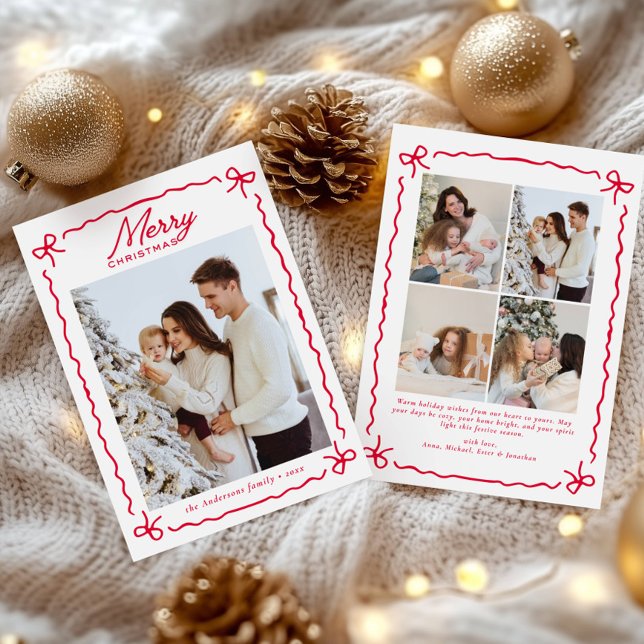 Doodle Whimsical Red Bow Photo collage Christmas   Holiday Card (Creator Uploaded)