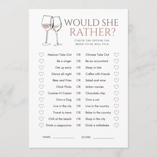 Doodle Wine Would She Rather Bridal Shower Game Invitation (Front)