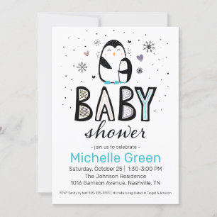 Doodle Winter Penguin Baby Shower Invitation
