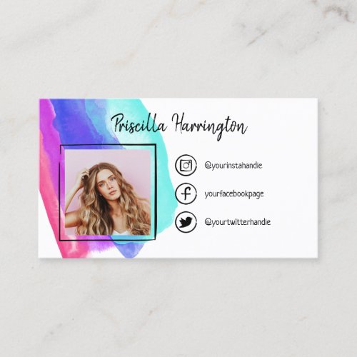 Doodled Social Media Icons Blue Watercolor Photo Calling Card