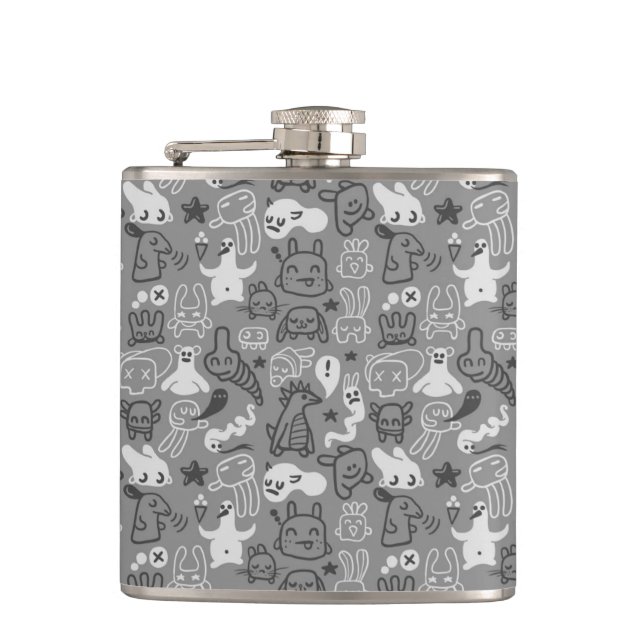 doodles pattern illustration hip flask (Front)
