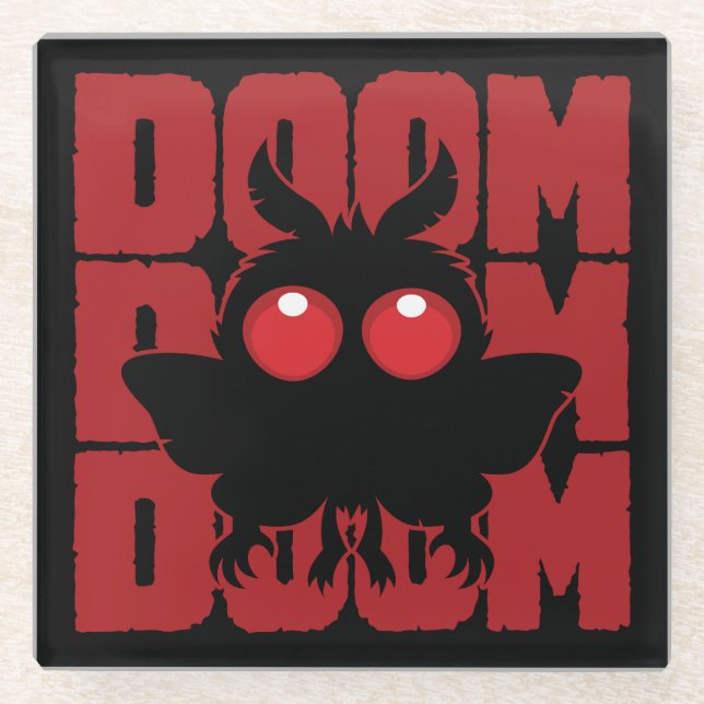 DOOM DOOM DOOM Kawaii Mothman Cryptid Glass Coaster (Front)