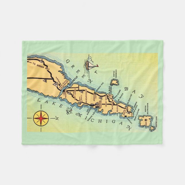Door County Vintage Map Fleece Throw Blanket (Front (Horizontal))