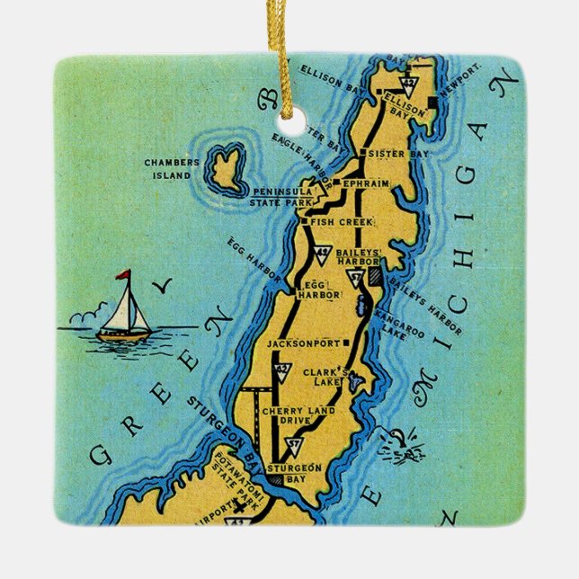 Door County Wisconsin Map Ceramic Ornament (Front)