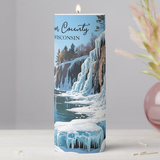Door County Wisconsin Winter Illustration Pillar Candle (In Situ)