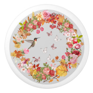 Door Handle Ceramic - gray floral  Knob