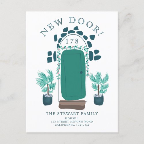 Door illustration floral new home moving announcement postcard