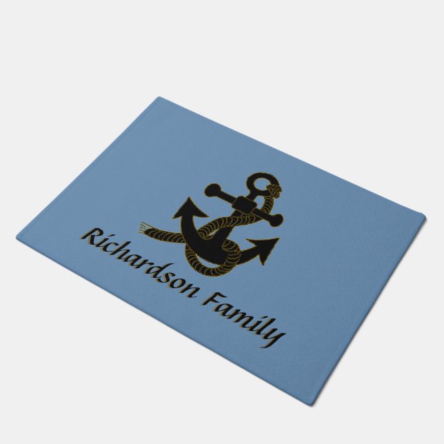 Door Mat - Black Anchor with Ship Name (Angled)