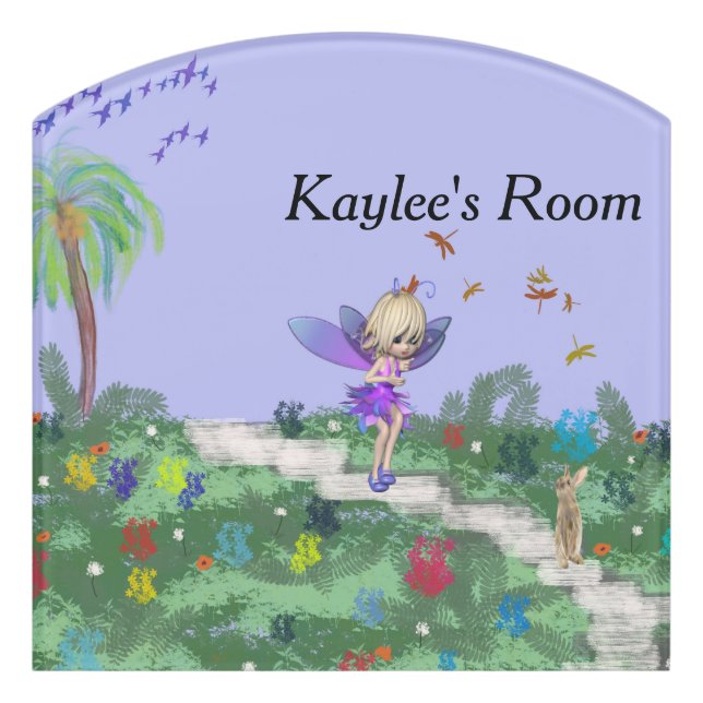 Door Sign for Young Girl Fairy, Flowers & Bunny (Contour Front)