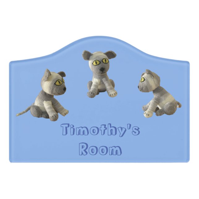 Door Sign - Stuffed Kitten Toys and Name in Blue (Small Crest Front)