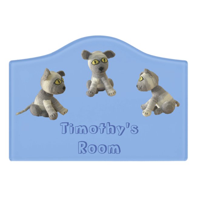 Door Sign - Stuffed Kitten Toys and Name in Blue