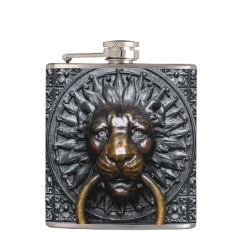 Doorknocker Lion - Black / Gold Hip Flask by BonniePhantasm at Zazzle