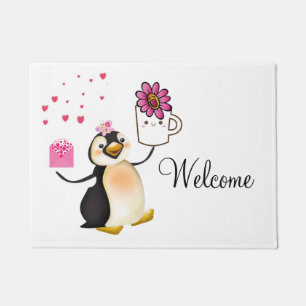 Doormat Happy Valentine's Day Penguin Hearts