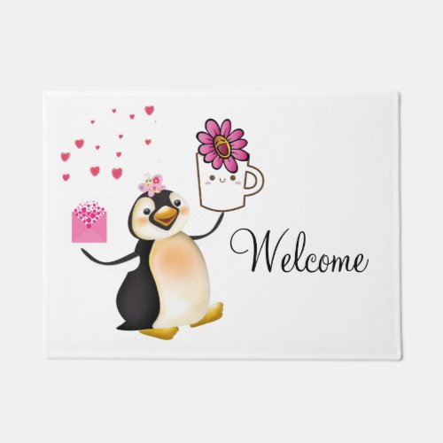 Doormat Happy Valentines Day Penguin Hearts