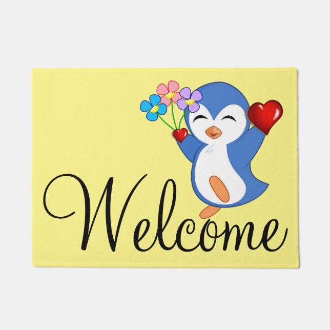 Doormat Happy Valentine's Day Penguin Hearts (Front)