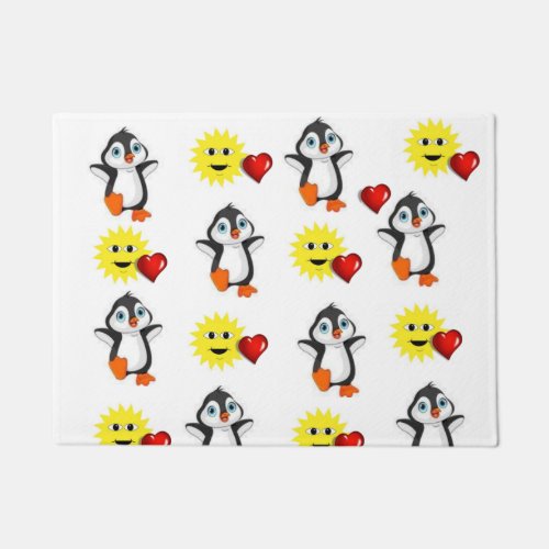 Doormat Happy Valentines Day Penguin Hearts