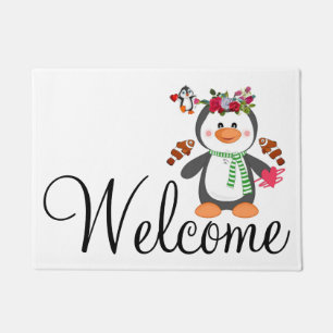 Doormat Happy Valentine's Day Penguin Hearts