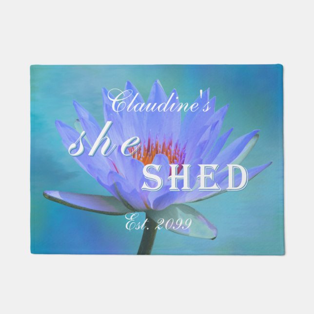 Doormat Rug She Shed Shades of Blue Water Lily (Front)