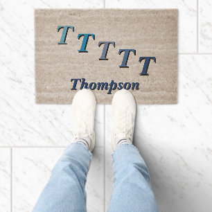 Doormat - Stepped Initials with Name in Blue Fiber Doormat
