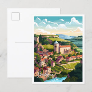 Dordogne France Art vintage travel illustration Postcard