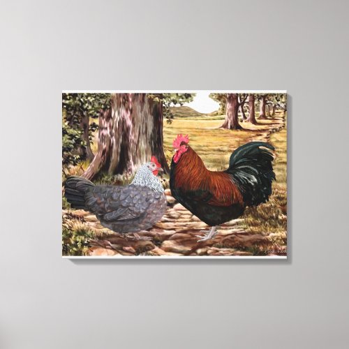 Dorking Rooster and Hen in Wooded Setting Canvas Print