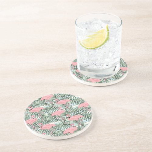 Dorm Coaster With Pink Flamingoes Cute Palm Leafs