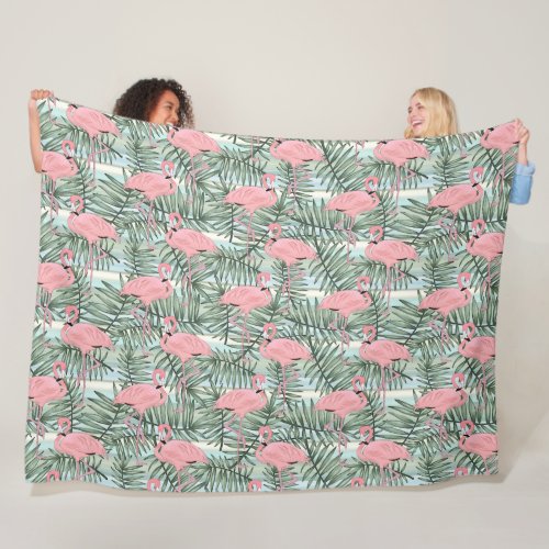 Dorm Fleece Blanket With Pink Flamingos Palm Leafs