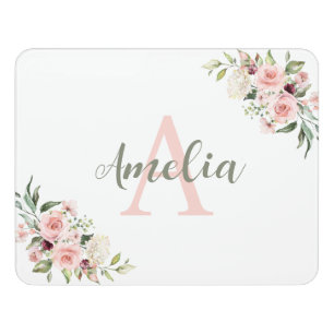 Dorm room door sign with name, initial and roses