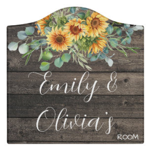 Dorm room door sign with two names and sunflowers 