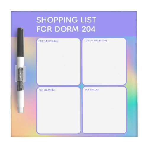 Dorm Shopping List with 4 Categories Purple  Dry Erase Board
