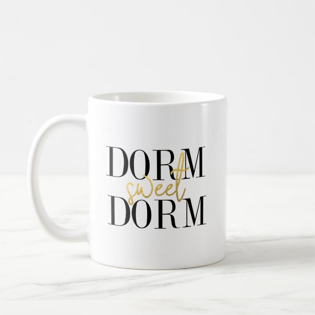 Dorm Sweet Dorm | Black and Gold Typography Coffee Mug (Left)