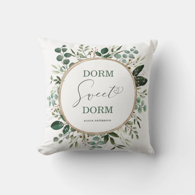 Dorm Sweet Dorm Modern Botanical Greenery College Throw Pillow (Front)