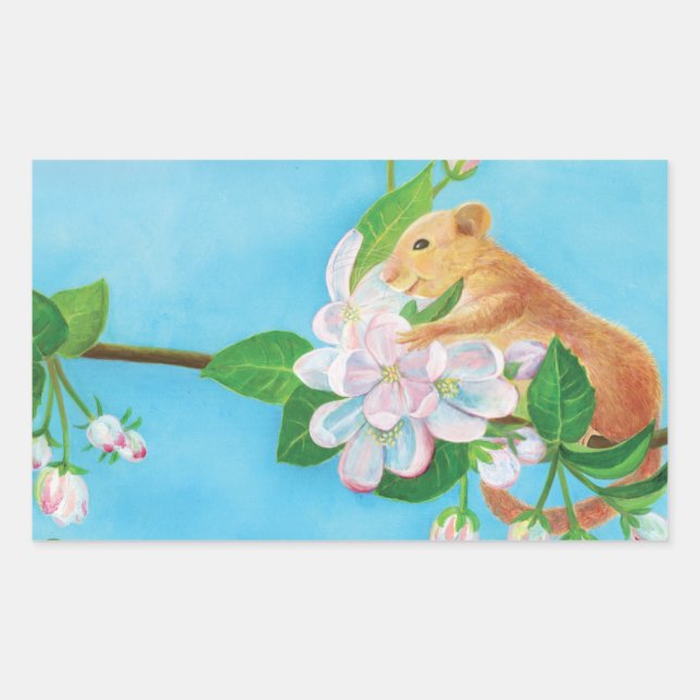 Dormouse and apple blossoms illustration  rectangular sticker (Front)