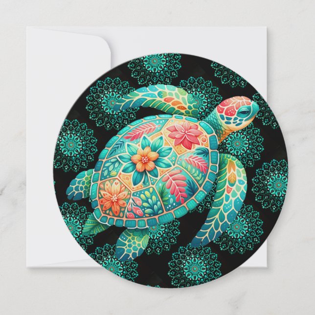 Dot Art Center Insert Floral Sea Turtle Note Card (Front)