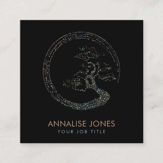 Dot Art Enso Circle  Bonsai Tree Marble and Gold Square Business Card (Front)