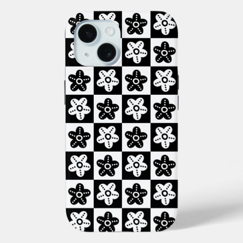 Dot Flower Black White iPhone 15 Case