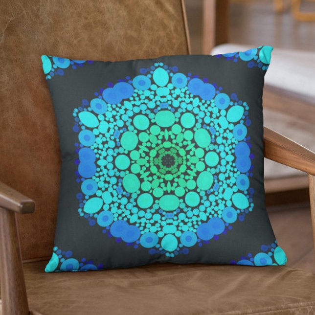 Dot Mandala Flower Blue and Green Throw Pillow (Creator Uploaded)