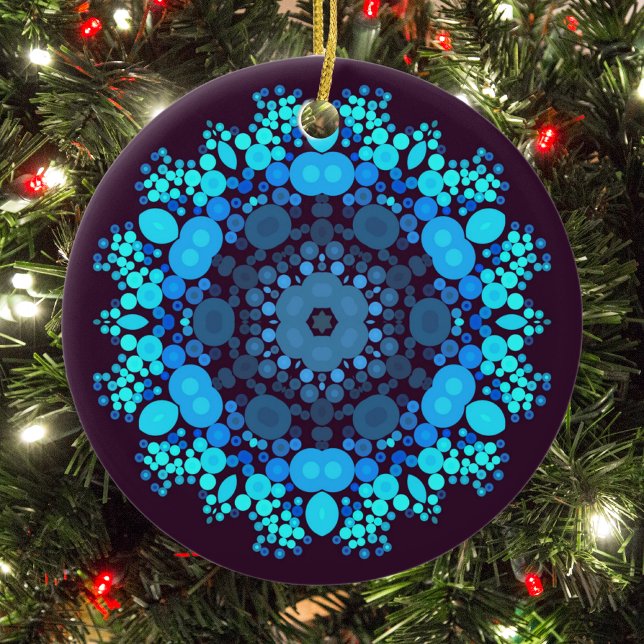 Dot Mandala Flower Blue and Purple Ceramic Ornament (Creator Uploaded)