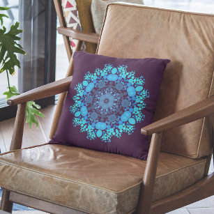 Dot Mandala Flower Blue and Purple Throw Pillow