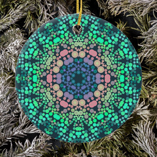 Dot Mandala Flower Blue Green and Pink Ceramic Ornament